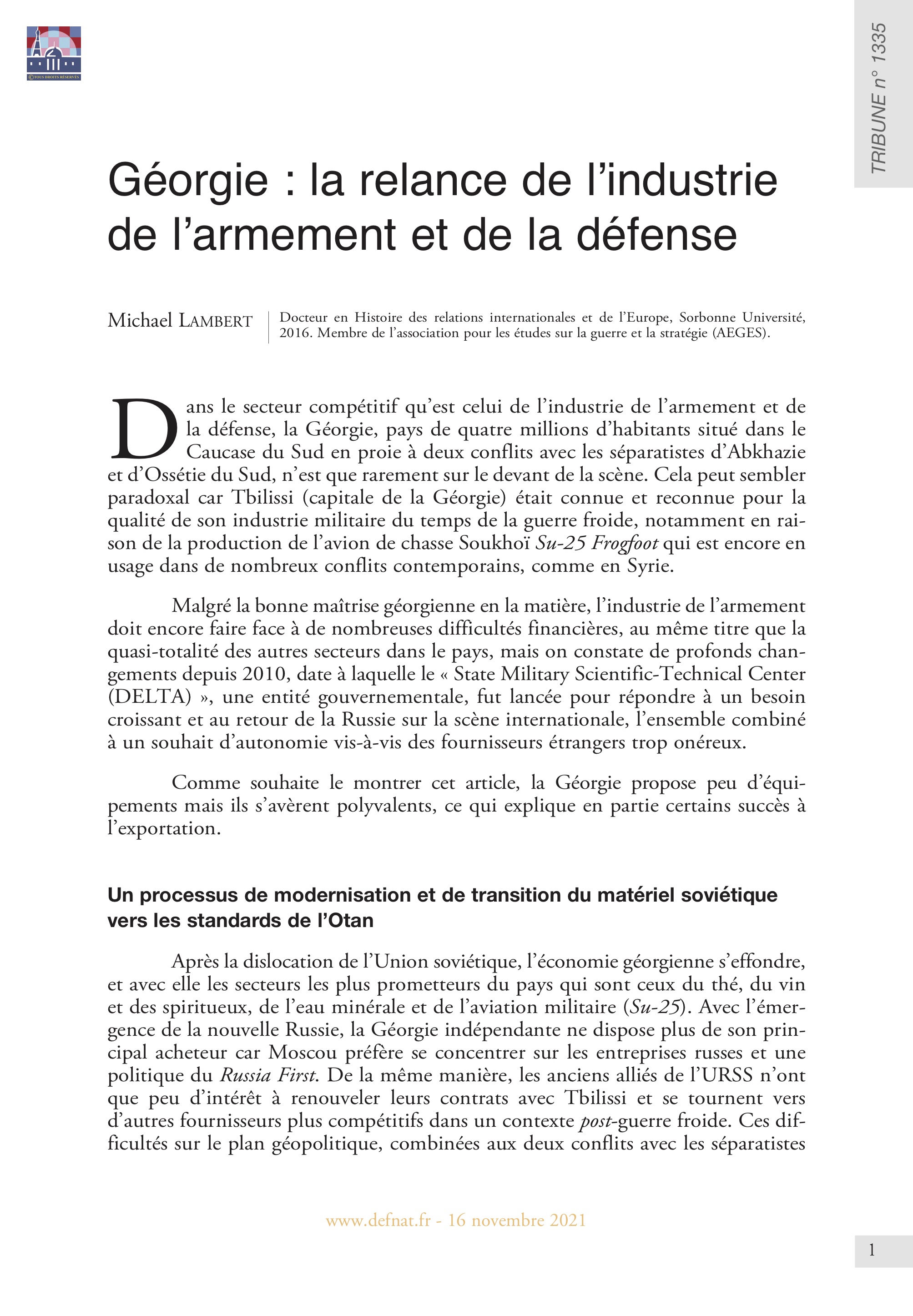 Géorgie : la relance de l’industrie de l’armement et de la défense (T 1335)
